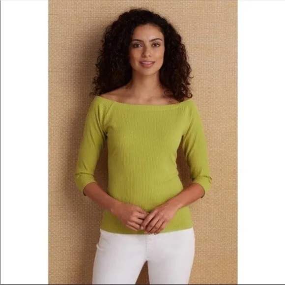 2X Soft Surroundings lime green off shoulder blouse ribbed Top blouse 3/4 sleeve - Picture 2 of 10